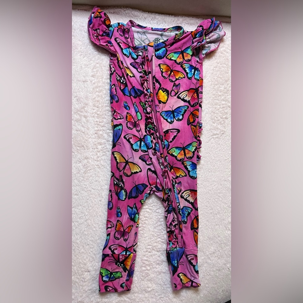 Bums & Roses Bamboo Ruffle Vibrant Butterfly Romper 3-6 Months
